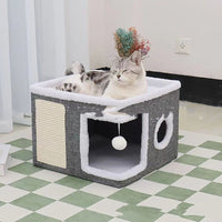 HKM-702867 Double-Layer Foldable Cat Nest Villa – Dark Gray Pet Bed and Cage