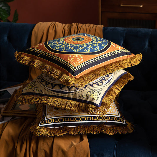 HKM-702867 Luxury Plant and Flower Printed Waist Pillow with Tassels, 45x45cm