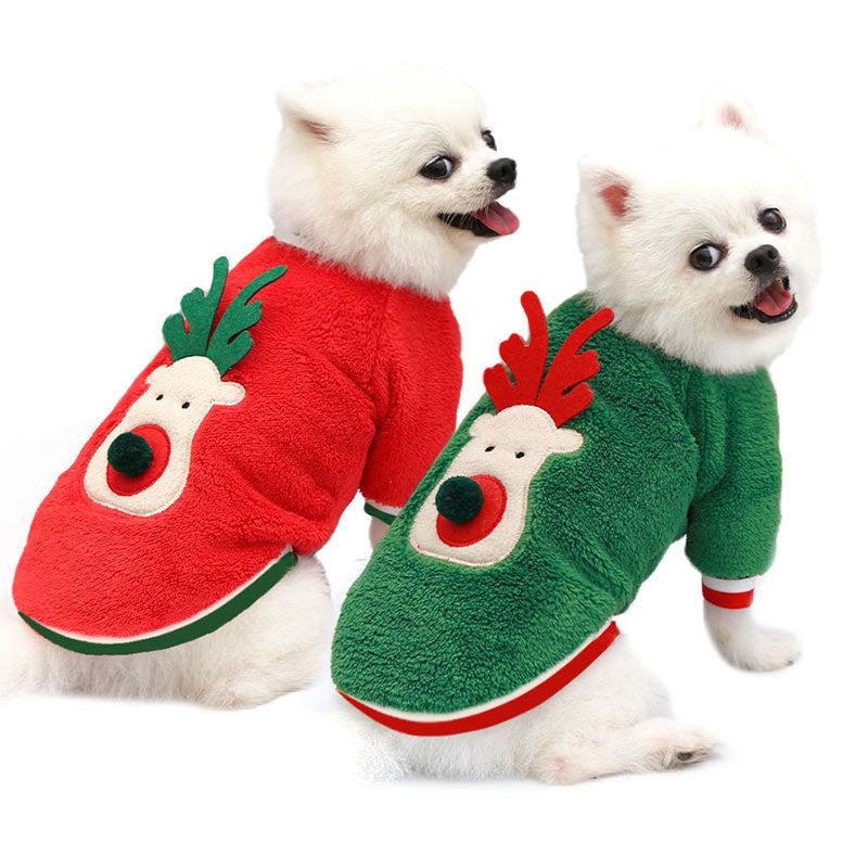 HKM-703315 Santa Reindeer Coral Fleece Dog Sweater - Cute Holiday Costume for Pets
