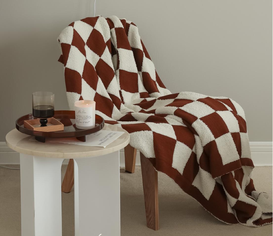 HKM-703507 Checkerboard Pattern Lamb Fleece Sofa Blanket in Multiple Colors - Cozy and Stylish Home Accessory