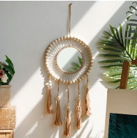 HKM-703571 Hand-Woven Cotton Thread Wooden Bead Tapestry - 70cm Pastoral Wall Hanging