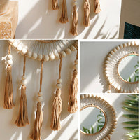 HKM-703571 Hand-Woven Cotton Thread Wooden Bead Tapestry - 70cm Pastoral Wall Hanging