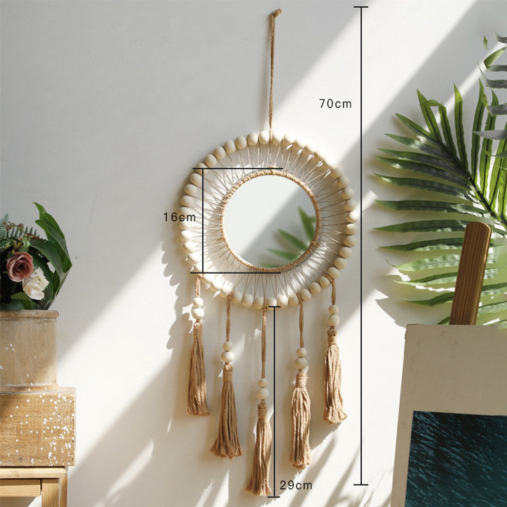 HKM-703571 Hand-Woven Cotton Thread Wooden Bead Tapestry - 70cm Pastoral Wall Hanging