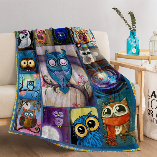 HKM-703571 Soft Flannel Owl Pattern Multifunctional Blanket for Home, Outdoor, Beach, and Camping Use