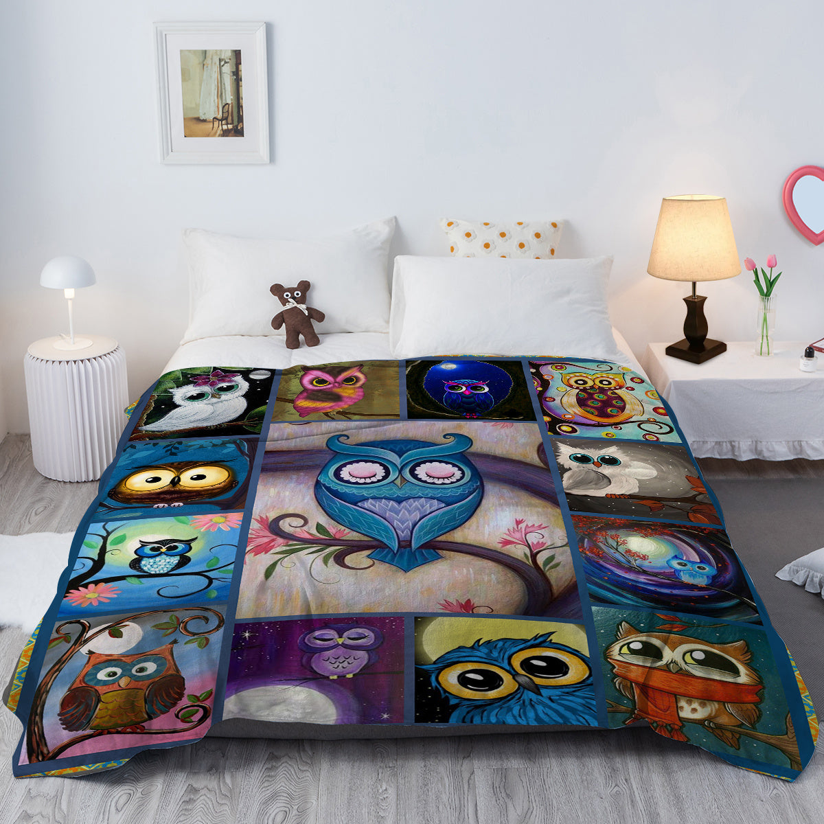 HKM-703571 Soft Flannel Owl Pattern Multifunctional Blanket for Home, Outdoor, Beach, and Camping Use