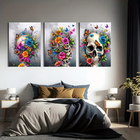 HKM-703827 Framed 3-Piece Skull Canvas Artwork - Minimalist Contemporary Design for Living Room, Bedroom, or Bathroom