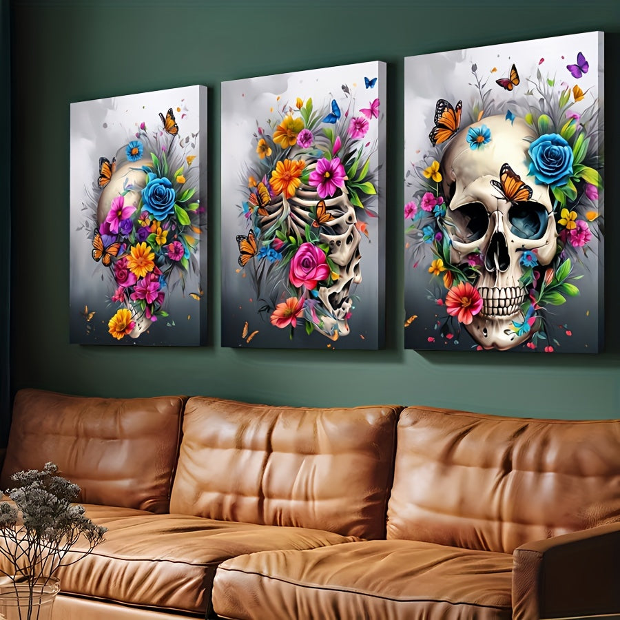 HKM-703827 Framed 3-Piece Skull Canvas Artwork - Minimalist Contemporary Design for Living Room, Bedroom, or Bathroom