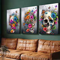 HKM-703827 Framed 3-Piece Skull Canvas Artwork - Minimalist Contemporary Design for Living Room, Bedroom, or Bathroom