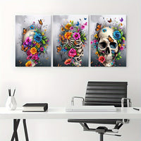 HKM-703827 Framed 3-Piece Skull Canvas Artwork - Minimalist Contemporary Design for Living Room, Bedroom, or Bathroom