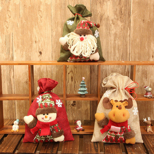 HKM-704019 Three-Dimensional Linen Doll Gift Bag - Santa Claus, Snowman, Deer Design, 20x28 cm
