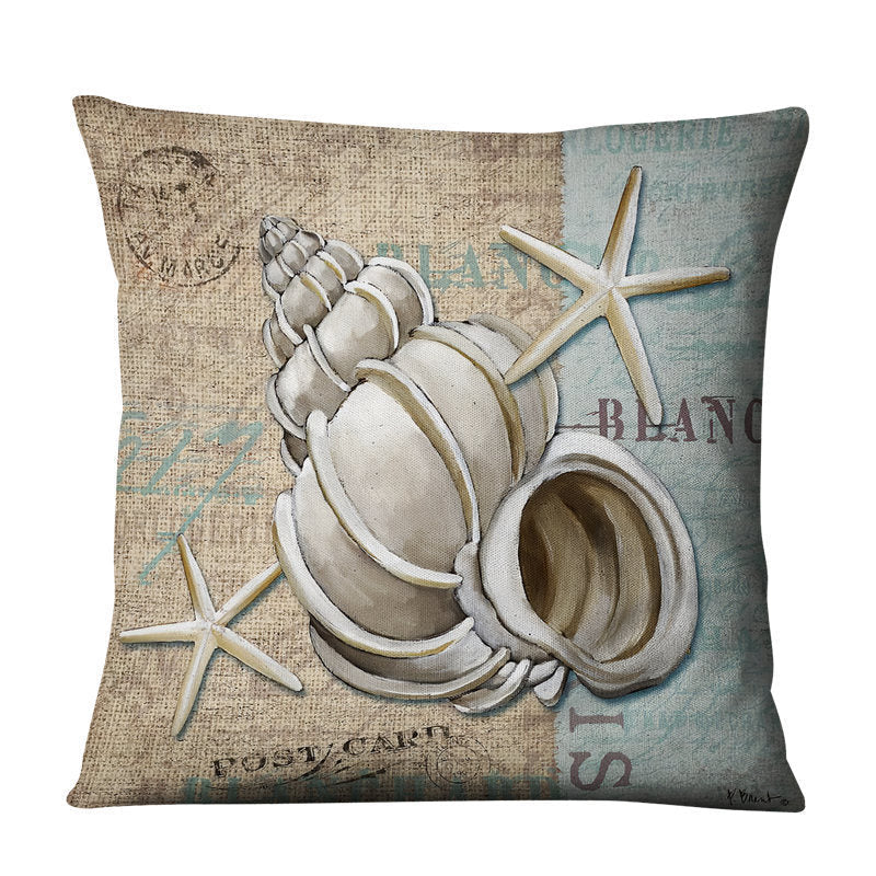 HKM-704275 Retro Marine Animal Linen Pillowcase - Mediterranean Style Conch Shell Design, 45x45cm