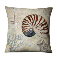 HKM-704275 Retro Marine Animal Linen Pillowcase - Mediterranean Style Conch Shell Design, 45x45cm