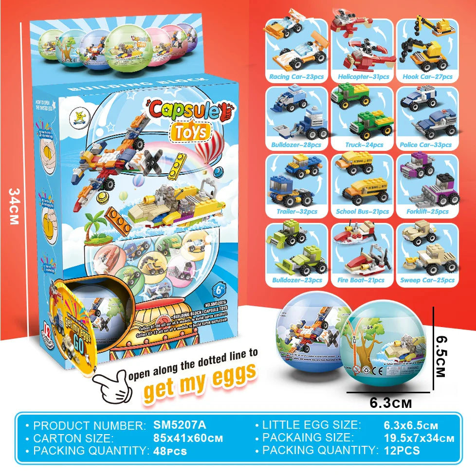 HKM-704467 Building Blocks Deformation Toy Set - Police Car & Fire Truck with Surprise Egg Capsule, 30-Piece Educational and DIY Model Toys