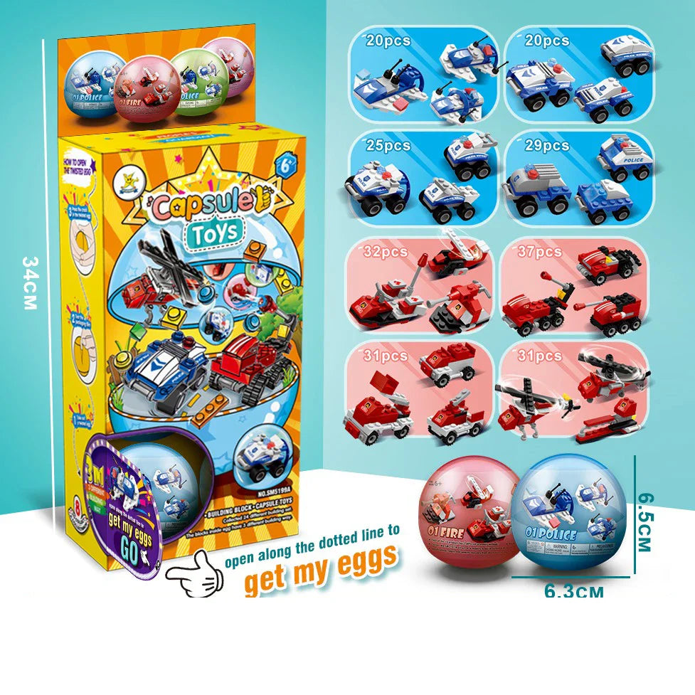 HKM-704467 Building Blocks Deformation Toy Set - Police Car & Fire Truck with Surprise Egg Capsule, 30-Piece Educational and DIY Model Toys