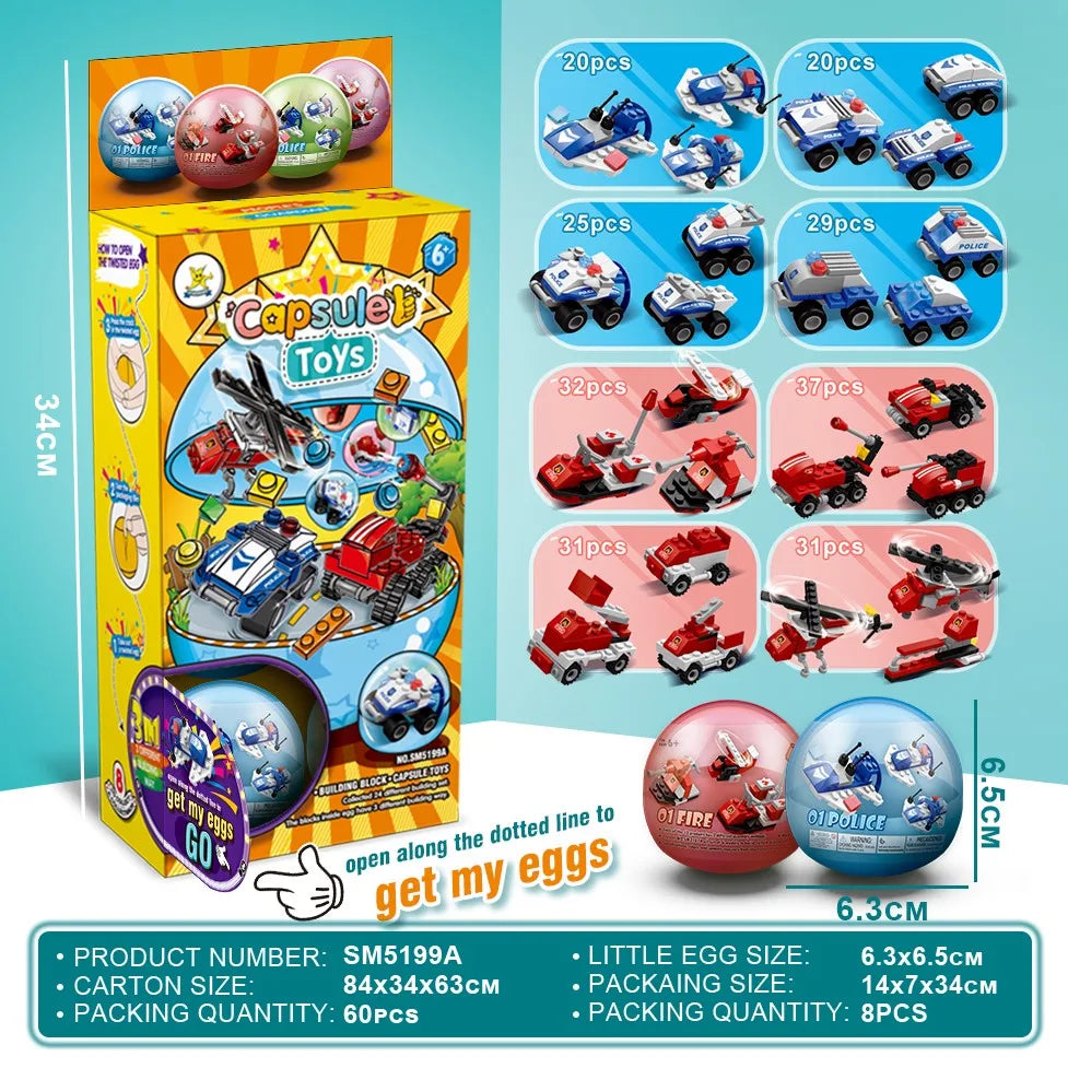 HKM-704467 Building Blocks Deformation Toy Set - Police Car & Fire Truck with Surprise Egg Capsule, 30-Piece Educational and DIY Model Toys