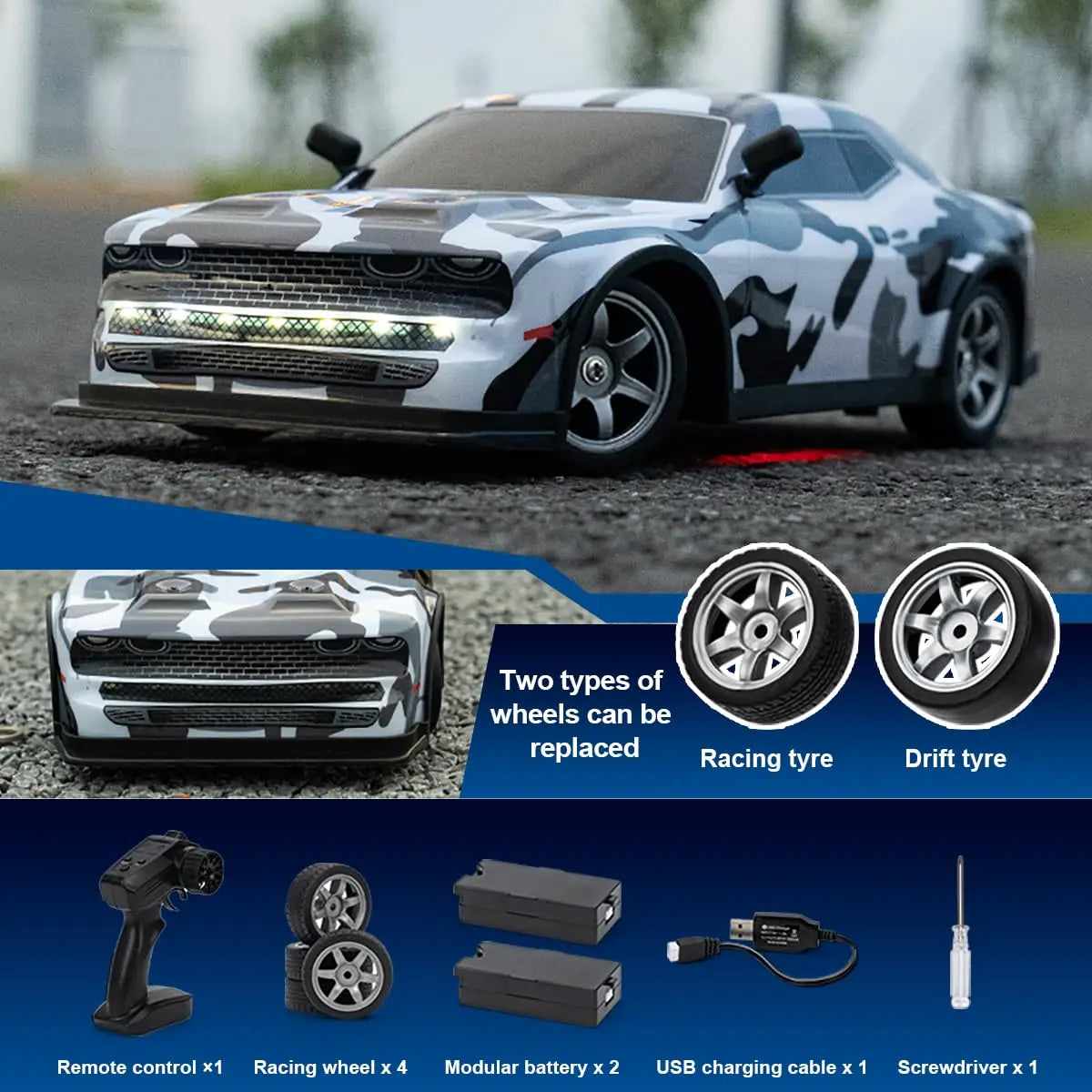 HKM-704851 1:16 Electric 4WD Drift Car RC Toy with Replaceable Tires and Modular Battery for Indoor-Outdoor Racing