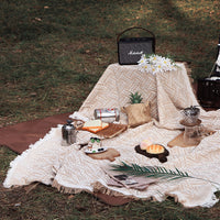 HKM-705043 Bohemian Western Picnic Mat - White & Coffee Plaid, Durable Polyester Cotton, 90x90cm & 90x150cm