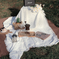 HKM-705043 Bohemian Western Picnic Mat - White & Coffee Plaid, Durable Polyester Cotton, 90x90cm & 90x150cm