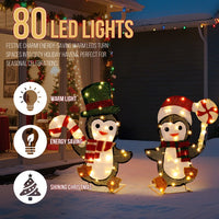 HKM-705171 Lighted Penguin and Candy Cane Christmas Decorations Set, Pre-Lit 2D Holiday Decor with 80 Warm White LED Lights for Indoor Outdoor Use