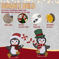 HKM-705171 Lighted Penguin and Candy Cane Christmas Decorations Set, Pre-Lit 2D Holiday Decor with 80 Warm White LED Lights for Indoor Outdoor Use