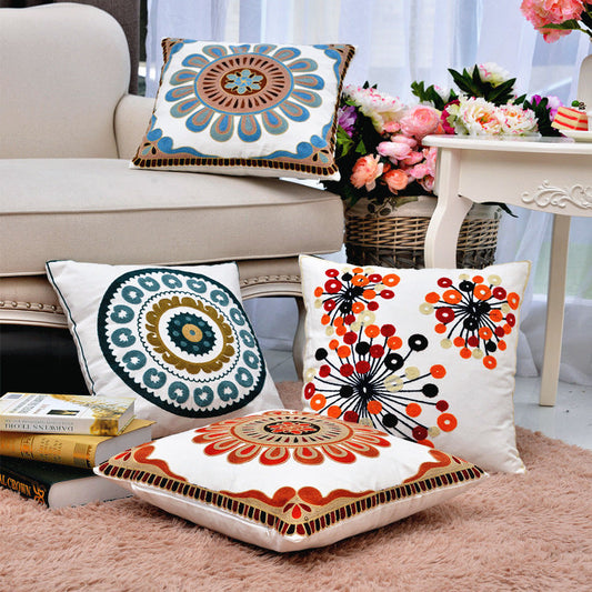 HKM-705171 Pastoral Style Cotton Circle Embroidered Pillow Cover - 45x45 cm