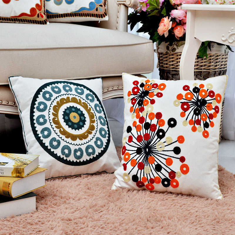 HKM-705171 Pastoral Style Cotton Circle Embroidered Pillow Cover - 45x45 cm