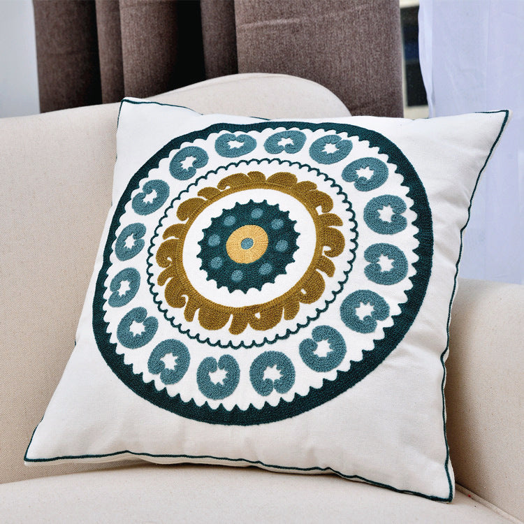 HKM-705171 Pastoral Style Cotton Circle Embroidered Pillow Cover - 45x45 cm