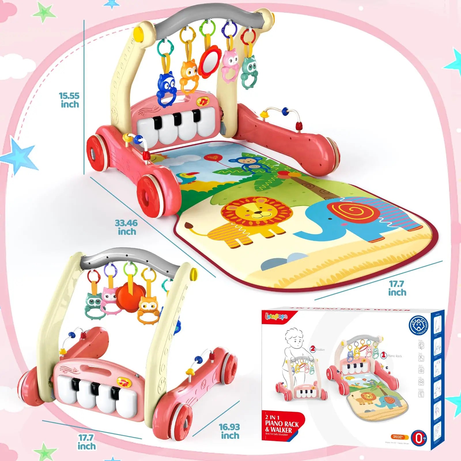 HKM-705683 2 in 1 Adjustable Baby Walker and Piano Play Mat for Infants and Toddlers