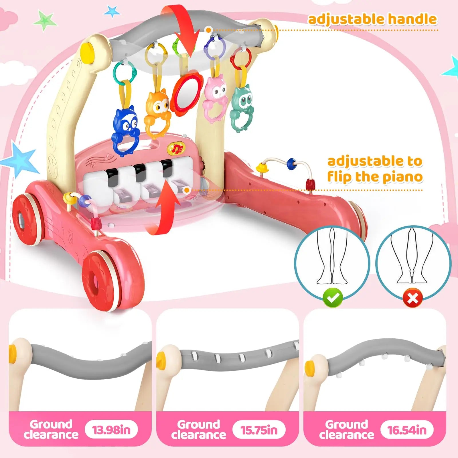 HKM-705683 2 in 1 Adjustable Baby Walker and Piano Play Mat for Infants and Toddlers