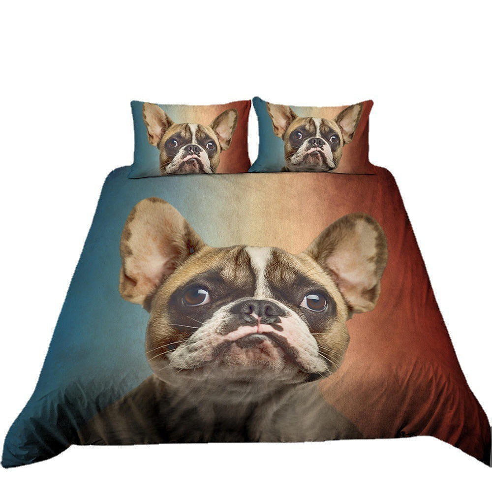 HKM-706515 Pug Cartoon 3D Digital Printed Bedding Set - Three-Piece Bedding Cover Available in Multiple Sizes