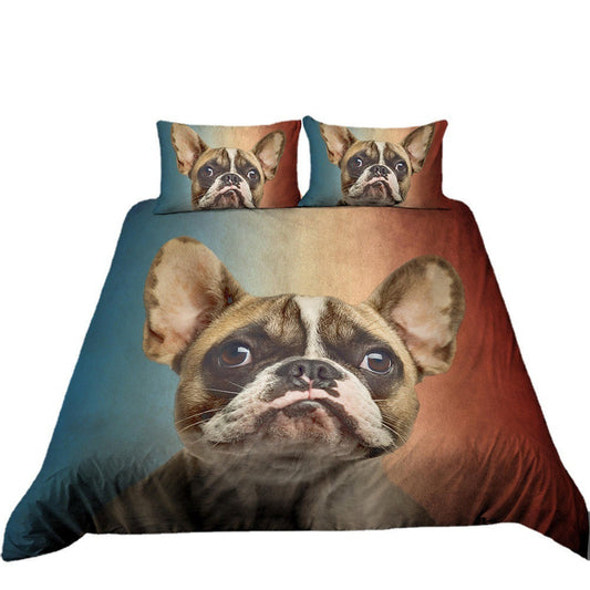 HKM-706515 Pug Cartoon 3D Digital Printed Bedding Set - Three-Piece Bedding Cover Available in Multiple Sizes