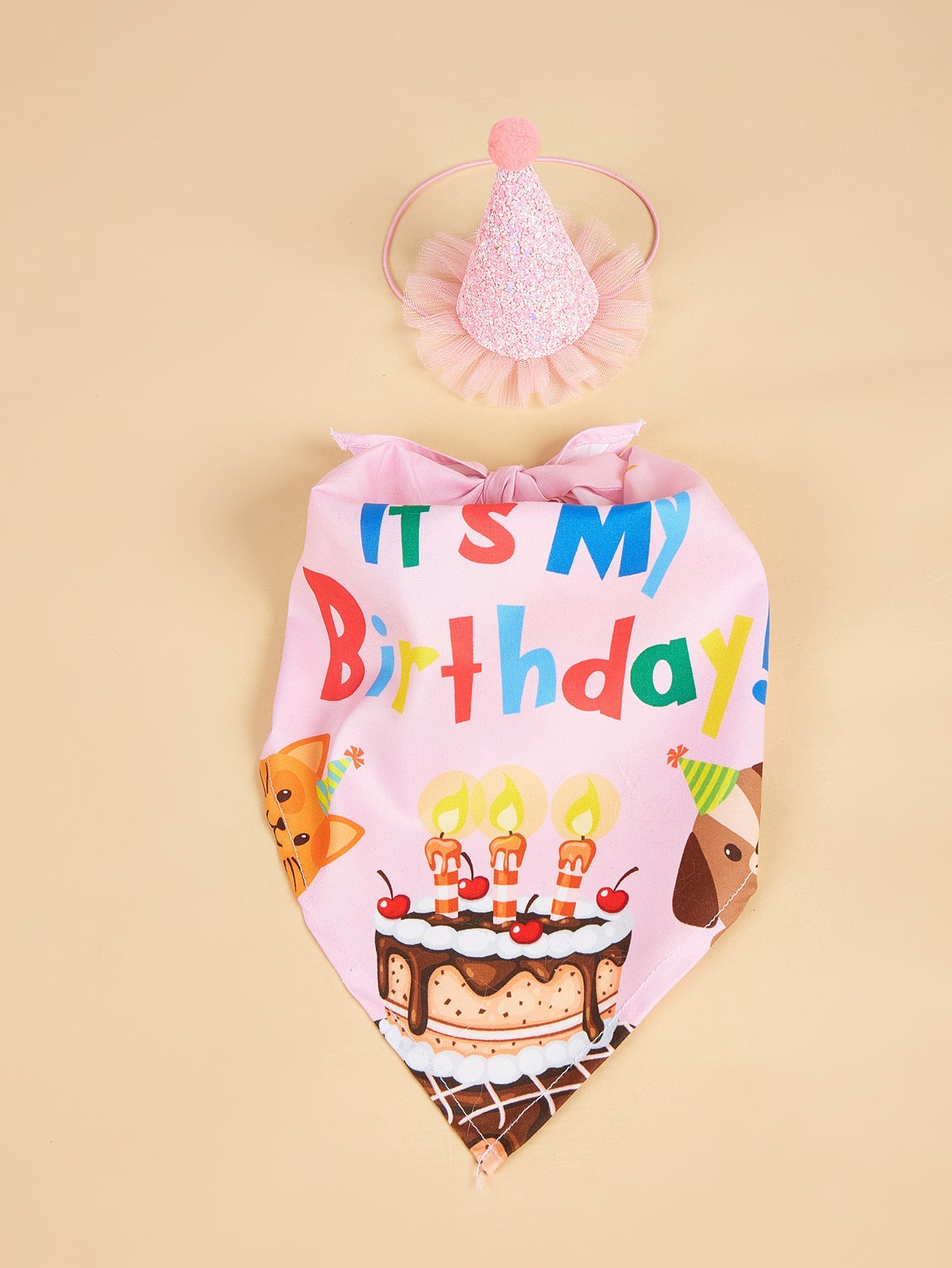 HKM-706707 Dog Birthday Accessories - Triangular Binders with Cartoon Patterns and Drool Towels (Blue and Pink Options)