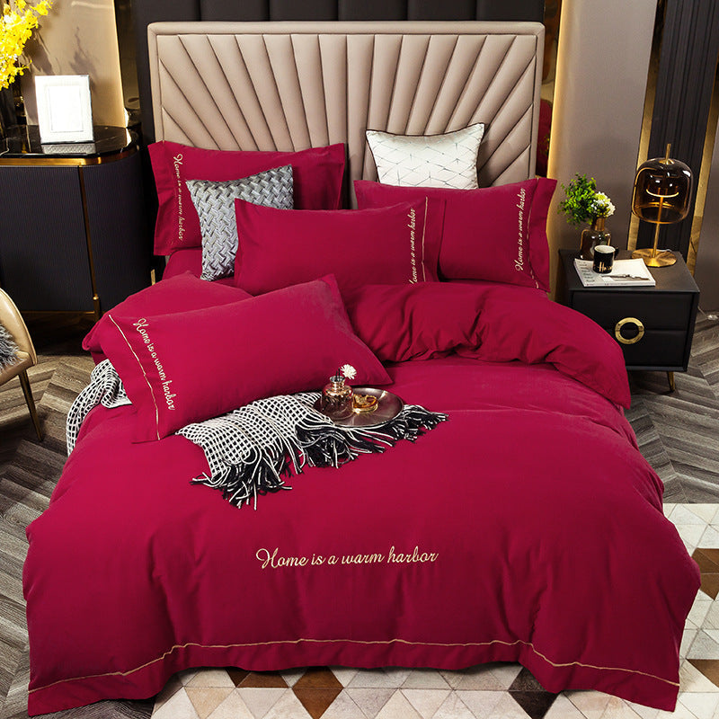 HKM-706963 Pure Cotton Embroidered Brushed Bedding Set - 4 Pieces, European-American Style, 1.5m & 1.8m Bed Sizes