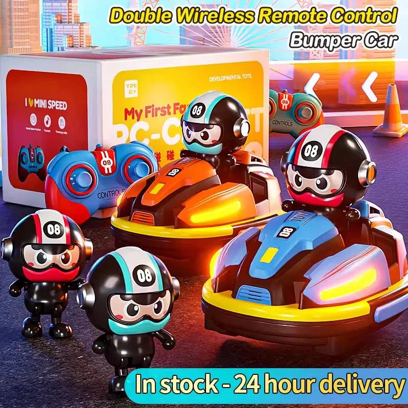 HKM-707603 Remote Control Dual Bumper Car with LED Lights and Spray Doll for Interactive Fun