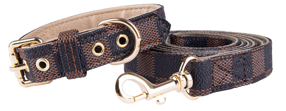 HKM-708179 Stylish Geometry Pattern PU Leather Dog Collar and Leash Set for All Seasons
