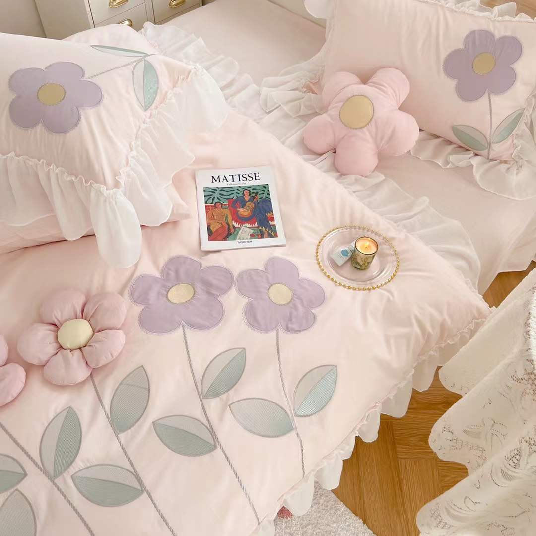 HKM-708499 Floral Three-Dimensional Embroidery Cotton Quilt Cover Set - 4 Piece Bed Sheet for 1.5m and 1.8m Beds