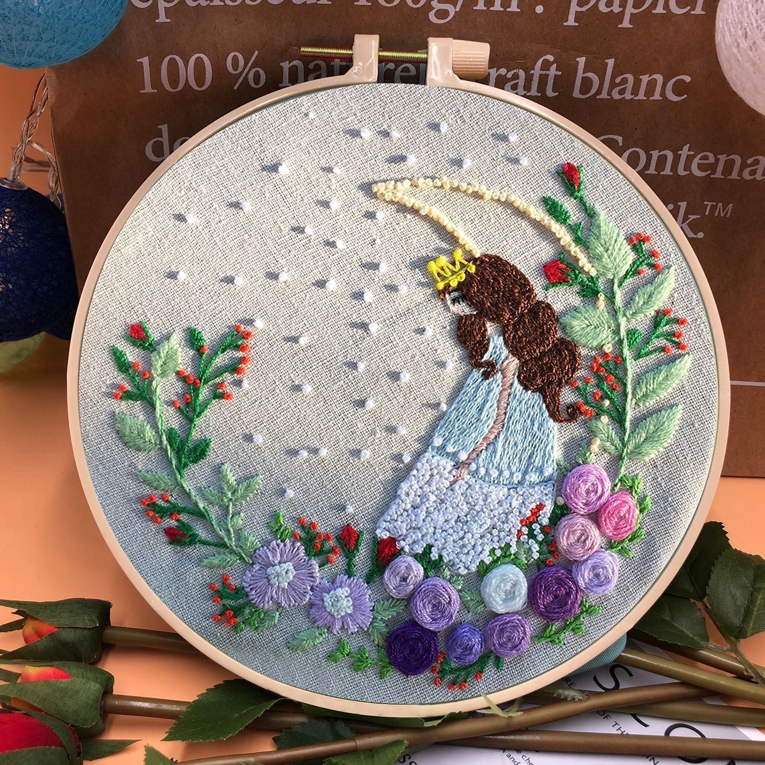 KTX-709331 Handmade Embroidery Kit with 15cm Frame - Moon Goddess, Cute Princess, Flower Fairy, Forest Princess, Earth Girl, Pure Rose, Miles Peach Blossom, Flower Cluster Designs