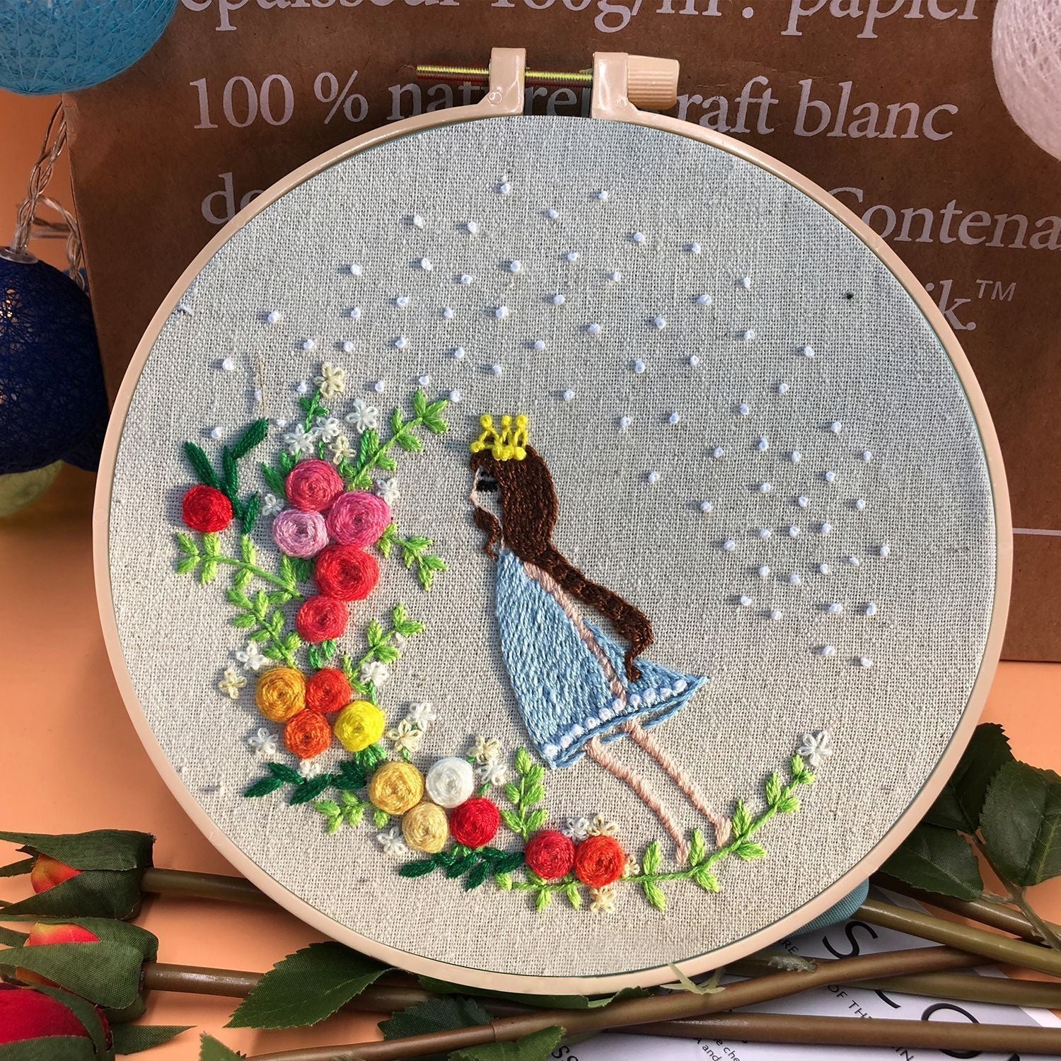 KTX-709331 Handmade Embroidery Kit with 15cm Frame - Moon Goddess, Cute Princess, Flower Fairy, Forest Princess, Earth Girl, Pure Rose, Miles Peach Blossom, Flower Cluster Designs