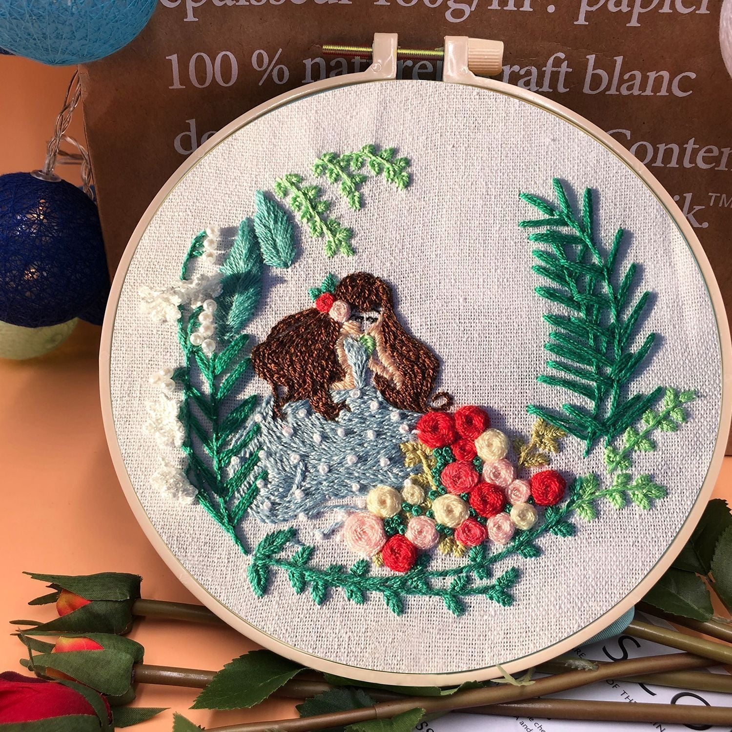 KTX-709331 Handmade Embroidery Kit with 15cm Frame - Moon Goddess, Cute Princess, Flower Fairy, Forest Princess, Earth Girl, Pure Rose, Miles Peach Blossom, Flower Cluster Designs