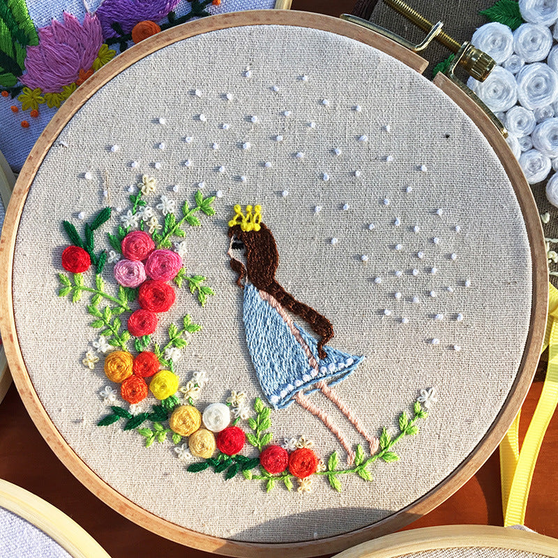 KTX-709331 Handmade Embroidery Kit with 15cm Frame - Moon Goddess, Cute Princess, Flower Fairy, Forest Princess, Earth Girl, Pure Rose, Miles Peach Blossom, Flower Cluster Designs