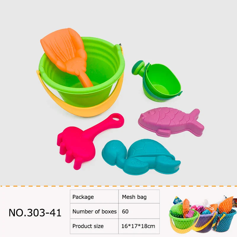 KTX-709587 Kids Outdoor Beach Toy Set - Soft Rubber Sand Molds, Bucket and Tools for Summer Fun