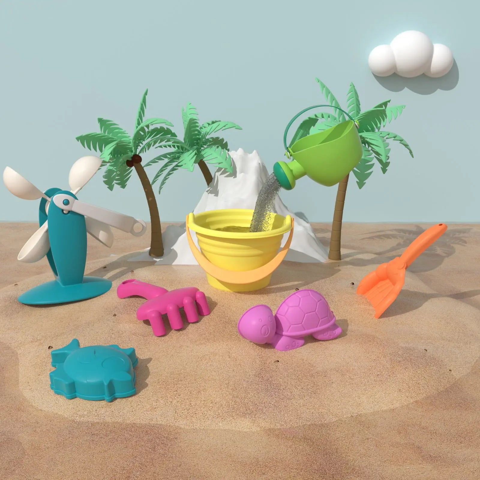 KTX-709587 Kids Outdoor Beach Toy Set - Soft Rubber Sand Molds, Bucket and Tools for Summer Fun