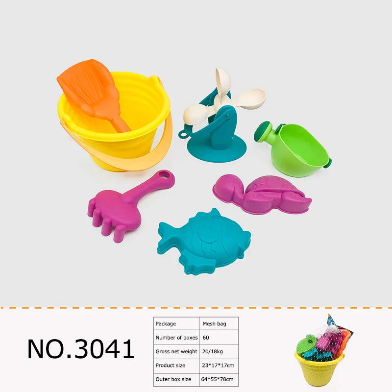 KTX-709587 Kids Outdoor Beach Toy Set - Soft Rubber Sand Molds, Bucket and Tools for Summer Fun