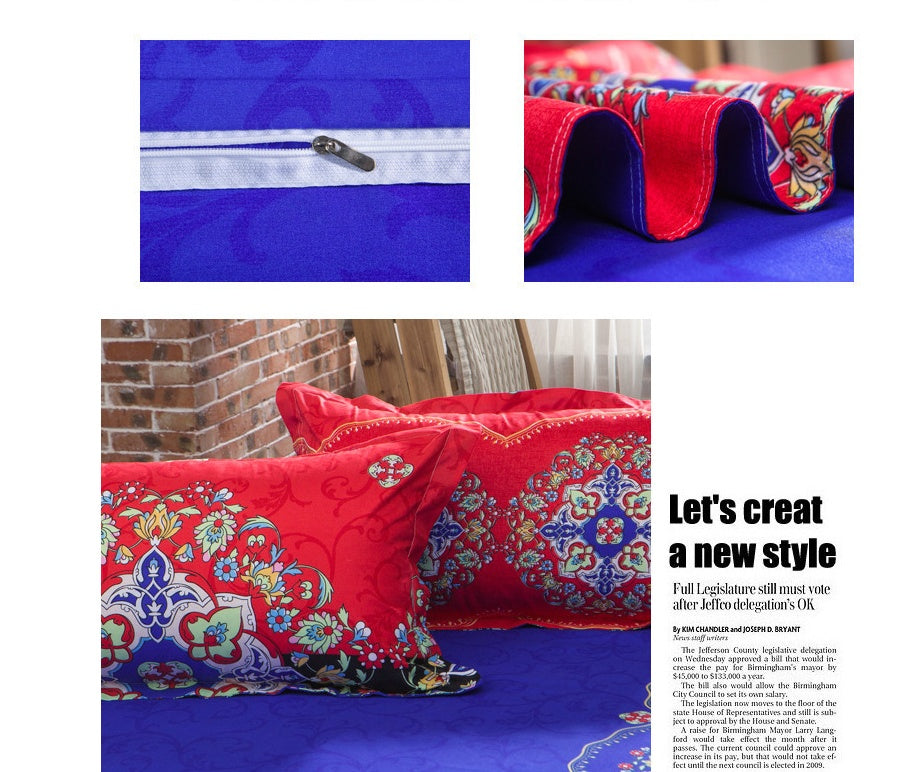 HKM-709651 Four-Piece Printed Polyester Bedding Set with Various Sizes and Pillowcase Options