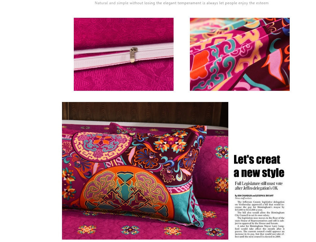 HKM-709651 Four-Piece Printed Polyester Bedding Set with Various Sizes and Pillowcase Options