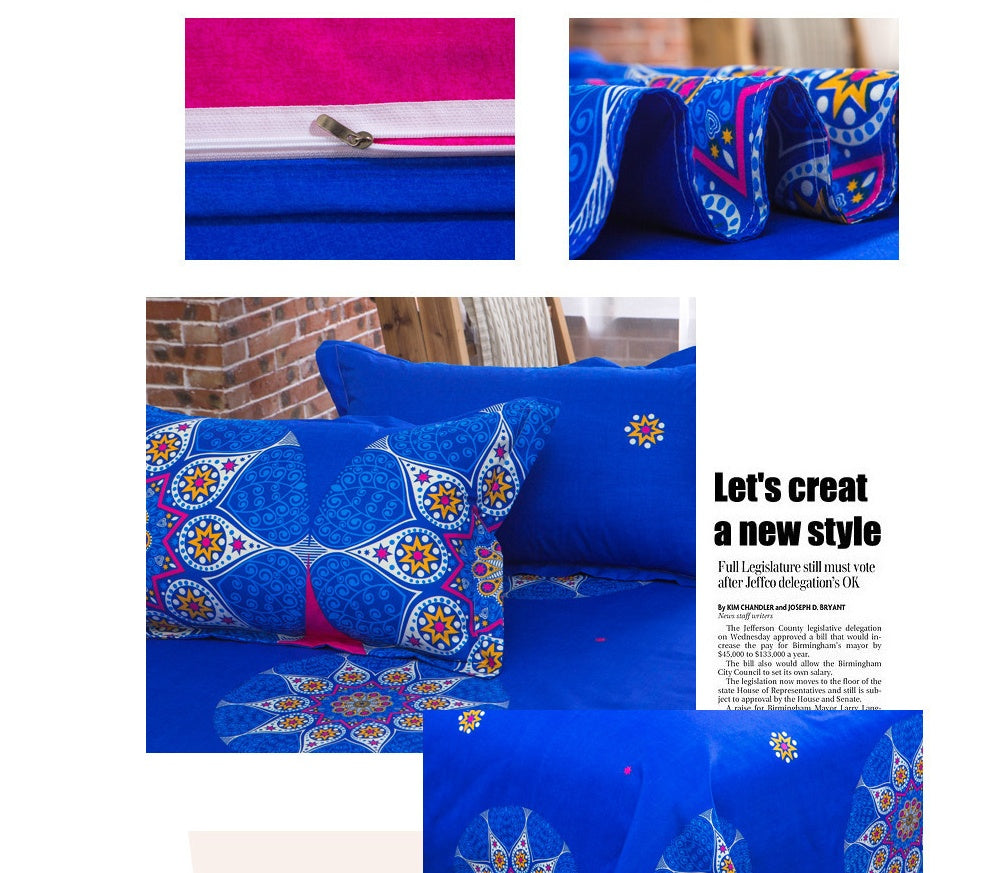 HKM-709651 Four-Piece Printed Polyester Bedding Set with Various Sizes and Pillowcase Options