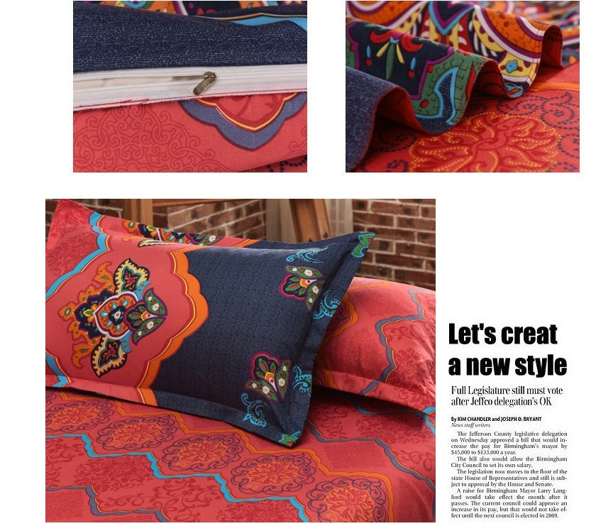 HKM-709651 Four-Piece Printed Polyester Bedding Set with Various Sizes and Pillowcase Options