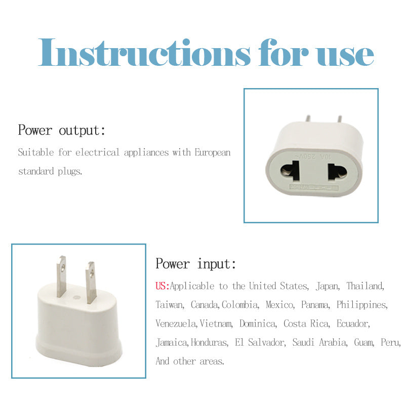 HKM-709843 USA to EU Travel Adapter - White Plug Converter with Dual Round Pin Output