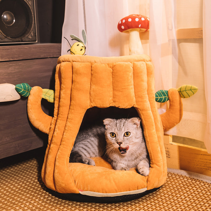 HKM-710035 Cat Litter Cat Sleeping Bag Small Dog Autumn And Winter Warm Semi-enclosed Tree Stump Cat House