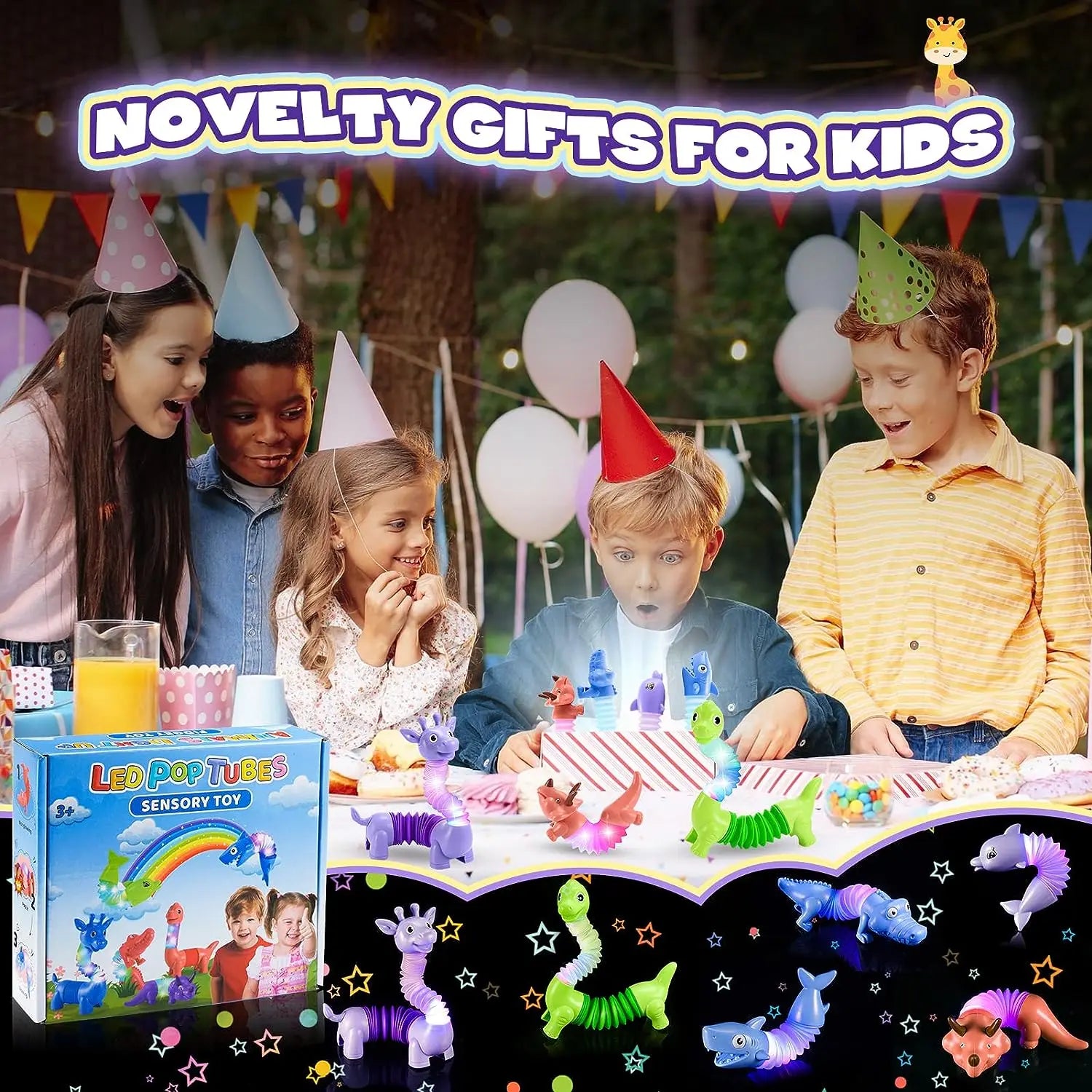 HKM-710291 LED Light-Up Giraffe Pop Tubes Sensory Toy for Kids and Adults, Educational Fidget Fun